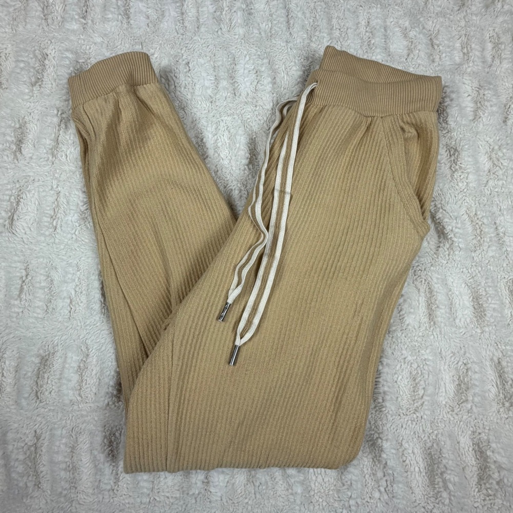 Aerie Tan Ribbed Knit Joggers 100% Cotton Drawstring Loungewear XS